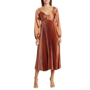 ZOE AND CLAIRE Long Sleeve Pleated Midi Dress in Sienna